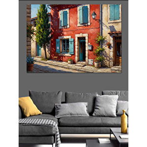 Çiçeklerle Süslü Kırmızı Ev Girişi Dekoratif Kanvas - Mdf Ahşap Tablo 50x70 cm