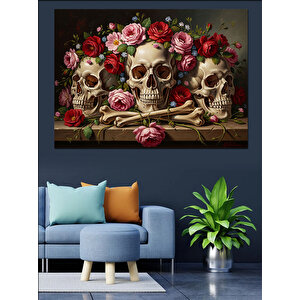 Çiçekli Kafatasları Ve Klasik Sanat Dekoratif Kanvas - Mdf Ahşap Tablo 70x100 cm