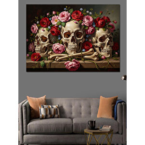 Çiçekli Kafatasları Ve Klasik Sanat Dekoratif Kanvas - Mdf Ahşap Tablo 70x100 cm