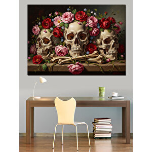 Çiçekli Kafatasları Ve Klasik Sanat Dekoratif Kanvas - Mdf Ahşap Tablo 70x100 cm