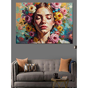 Çiçeklerle Süslü Kadın Portresi Tablosu Dekoratif Kanvas - Mdf Ahşap Tablo 100x140 cm