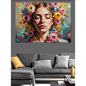 Çiçeklerle Süslü Kadın Portresi Tablosu Dekoratif Kanvas - Mdf Ahşap Tablo 100x140 cm