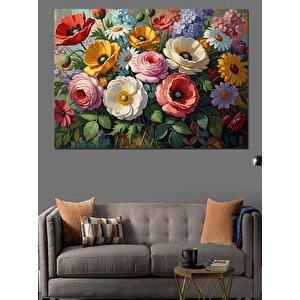 Vazo İçinde Karışık Bahar Çiçekleri Dekoratif Kanvas - Mdf Ahşap Tablo 100x140 cm