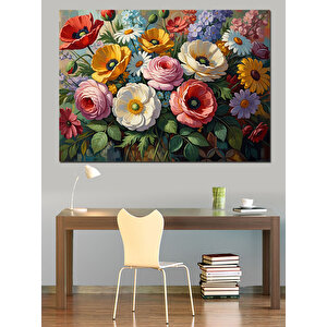 Vazo İçinde Karışık Bahar Çiçekleri Dekoratif Kanvas - Mdf Ahşap Tablo 100x140 cm