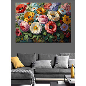 Vazo İçinde Karışık Bahar Çiçekleri Dekoratif Kanvas - Mdf Ahşap Tablo 100x140 cm