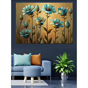 Mavi Zemin Üzerinde Mavi Çiçekler Dekoratif Kanvas - Mdf Ahşap Tablo 50x70 cm