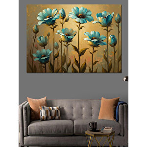 Mavi Zemin Üzerinde Mavi Çiçekler Dekoratif Kanvas - Mdf Ahşap Tablo 50x70 cm