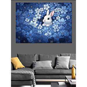 Mavi Çiçekler Arasında Beyaz Tavşan Dekoratif Kanvas - Mdf Ahşap Tablo 50x70 cm