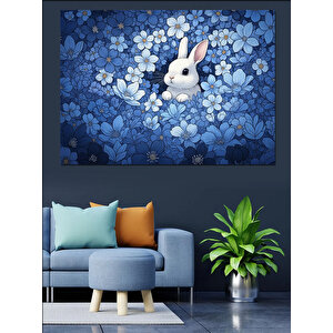 Mavi Çiçekler Arasında Beyaz Tavşan Dekoratif Kanvas - Mdf Ahşap Tablo 50x70 cm