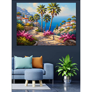 Sahil Kasabası Ve Çiçekler Dekoratif Kanvas - Mdf Ahşap Tablo 100x140 cm