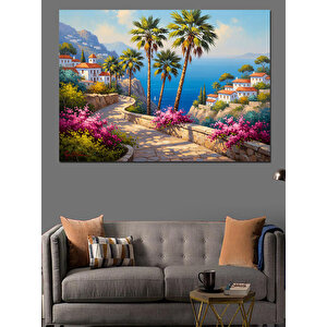 Sahil Kasabası Ve Çiçekler Dekoratif Kanvas - Mdf Ahşap Tablo 100x140 cm