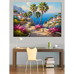 Sahil Kasabası Ve Çiçekler Dekoratif Kanvas - Mdf Ahşap Tablo 100x140 cm