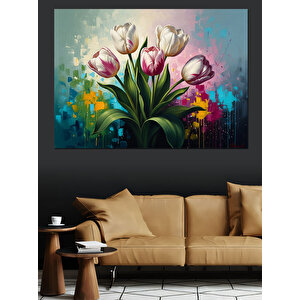 Vazoda Renkli Bahar Çiçekleri Buketi Dekoratif Kanvas - Mdf Ahşap Tablo 70x100 cm