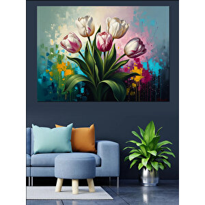 Vazoda Renkli Bahar Çiçekleri Buketi Dekoratif Kanvas - Mdf Ahşap Tablo 70x100 cm