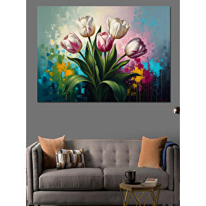 Vazoda Renkli Bahar Çiçekleri Buketi Dekoratif Kanvas - Mdf Ahşap Tablo 70x100 cm