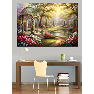 Çiçekli Bahçede Huzurlu Köşk Manzarası Dekoratif Kanvas - Mdf Ahşap Tablo 50x70 cm