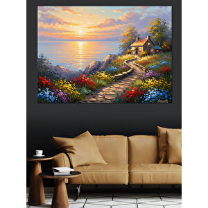 Sahil Boyunca Uzanan Çiçekli Yol Dekoratif Kanvas - Mdf Ahşap Tablo 70x100 cm