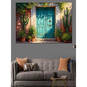 Mavi Kapılı Ve Çiçekli Ev Girişi Dekoratif Kanvas - Mdf Ahşap Tablo 50x70 cm