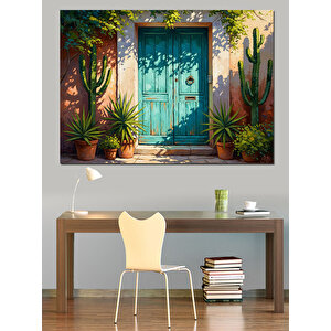 Mavi Kapılı Ve Çiçekli Ev Girişi Dekoratif Kanvas - Mdf Ahşap Tablo 50x70 cm