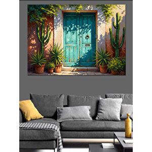 Mavi Kapılı Ve Çiçekli Ev Girişi Dekoratif Kanvas - Mdf Ahşap Tablo 50x70 cm