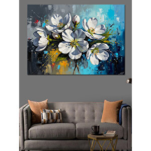 Mavi Fon Üzerinde Beyaz Çiçekler Dekoratif Kanvas - Mdf Ahşap Tablo 70x100 cm