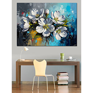 Mavi Fon Üzerinde Beyaz Çiçekler Dekoratif Kanvas - Mdf Ahşap Tablo 70x100 cm