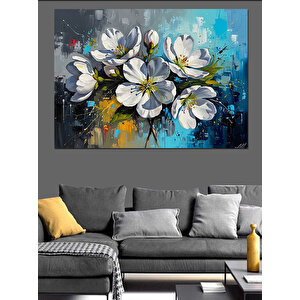 Mavi Fon Üzerinde Beyaz Çiçekler Dekoratif Kanvas - Mdf Ahşap Tablo 70x100 cm