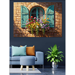 Çiçekli Pencere Ve Mavi Panjur Dekoratif Kanvas - Mdf Ahşap Tablo 70x100 cm
