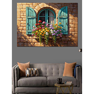 Çiçekli Pencere Ve Mavi Panjur Dekoratif Kanvas - Mdf Ahşap Tablo 70x100 cm