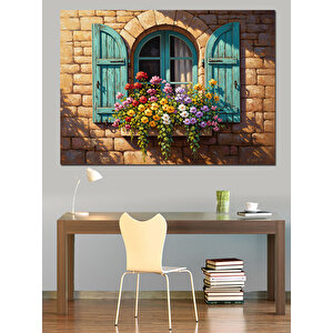 Çiçekli Pencere Ve Mavi Panjur Dekoratif Kanvas - Mdf Ahşap Tablo 70x100 cm
