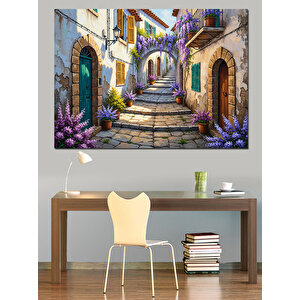 Çiçekli Balkonlar Ve Antik Avrupa Sokağı Dekoratif Kanvas - Mdf Ahşap Tablo 100x140 cm
