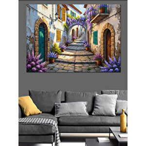 Çiçekli Balkonlar Ve Antik Avrupa Sokağı Dekoratif Kanvas - Mdf Ahşap Tablo 100x140 cm