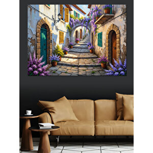 Çiçekli Balkonlar Ve Antik Avrupa Sokağı Dekoratif Kanvas - Mdf Ahşap Tablo 100x140 cm
