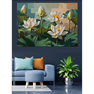 Beyaz Nilüfer Çiçekleri Su Üstü Dekoratif Kanvas - Mdf Ahşap Tablo 100x140 cm
