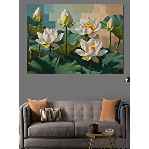 Beyaz Nilüfer Çiçekleri Su Üstü Dekoratif Kanvas - Mdf Ahşap Tablo 100x140 cm