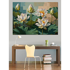 Beyaz Nilüfer Çiçekleri Su Üstü Dekoratif Kanvas - Mdf Ahşap Tablo 100x140 cm