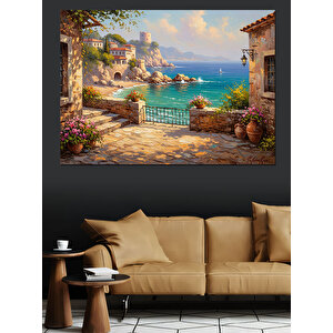 Çiçekli Sokak Ve Turkuaz Deniz Dekoratif Kanvas - Mdf Ahşap Tablo 100x140 cm