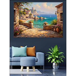 Çiçekli Sokak Ve Turkuaz Deniz Dekoratif Kanvas - Mdf Ahşap Tablo 100x140 cm