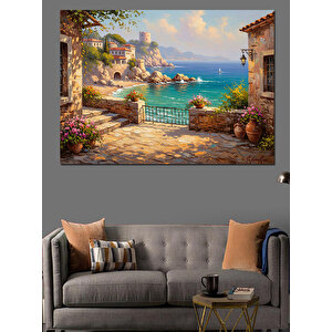 Çiçekli Sokak Ve Turkuaz Deniz Dekoratif Kanvas - Mdf Ahşap Tablo 100x140 cm