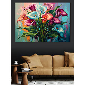 Vazoda Renkli Bahar Çiçekleri Buketi Dekoratif Kanvas - Mdf Ahşap Tablo 100x140 cm