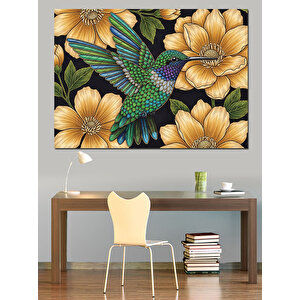 Çiçekler Arasında Uçuşan Renkli Sinekkuşu Dekoratif Kanvas - Mdf Ahşap Tablo 50x70 cm