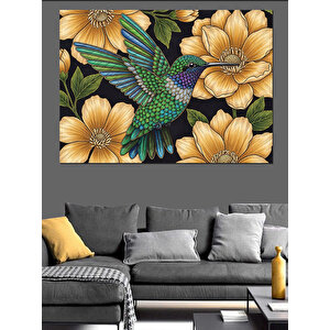 Çiçekler Arasında Uçuşan Renkli Sinekkuşu Dekoratif Kanvas - Mdf Ahşap Tablo 50x70 cm