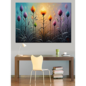 Renkli Çiçekler Ve Gökyüzü İllüstrasyonu Dekoratif Kanvas - Mdf Ahşap Tablo 50x70 cm