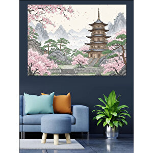 Kiraz Çiçekleri Ve Uzak Doğu Tapınağı Dekoratif Kanvas - Mdf Ahşap Tablo 100x140 cm