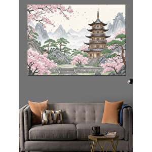 Kiraz Çiçekleri Ve Uzak Doğu Tapınağı Dekoratif Kanvas - Mdf Ahşap Tablo 100x140 cm