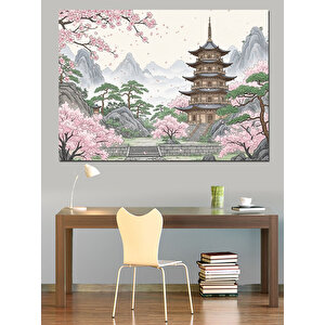 Kiraz Çiçekleri Ve Uzak Doğu Tapınağı Dekoratif Kanvas - Mdf Ahşap Tablo 100x140 cm
