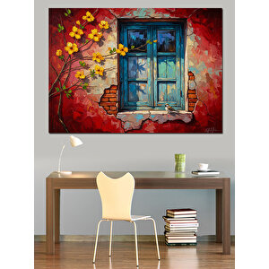 Çiçekli Duvar Ve Mavi Pencere Dekoratif Kanvas - Mdf Ahşap Tablo 70x100 cm