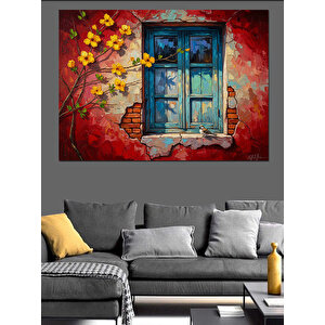 Çiçekli Duvar Ve Mavi Pencere Dekoratif Kanvas - Mdf Ahşap Tablo 70x100 cm
