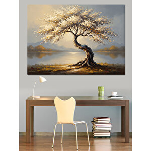 Altın Işıklı Beyaz Çiçekli Ağaç Dekoratif Kanvas - Mdf Ahşap Tablo 50x70 cm