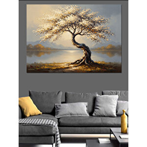 Altın Işıklı Beyaz Çiçekli Ağaç Dekoratif Kanvas - Mdf Ahşap Tablo 50x70 cm